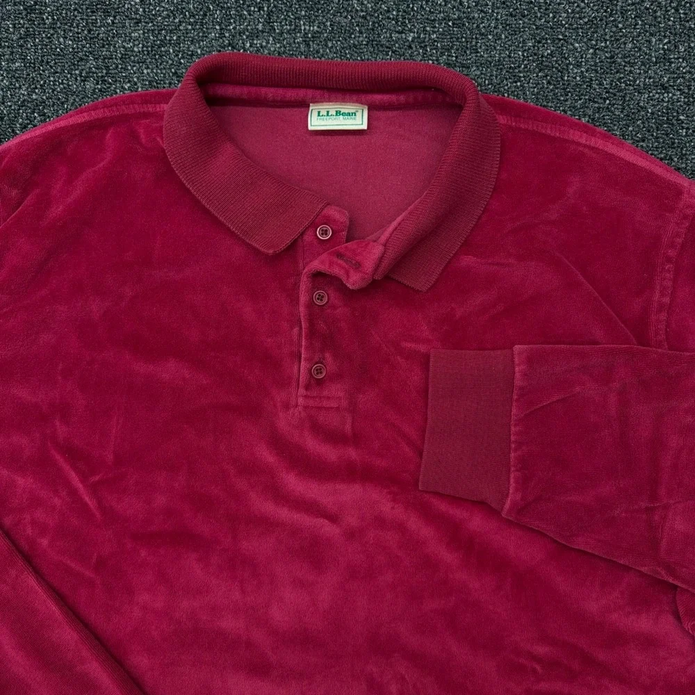 Vintage LL Bean‎ Velour Polo Shirt Mens XL  Long Sleeve Burgundy Red Made in USA